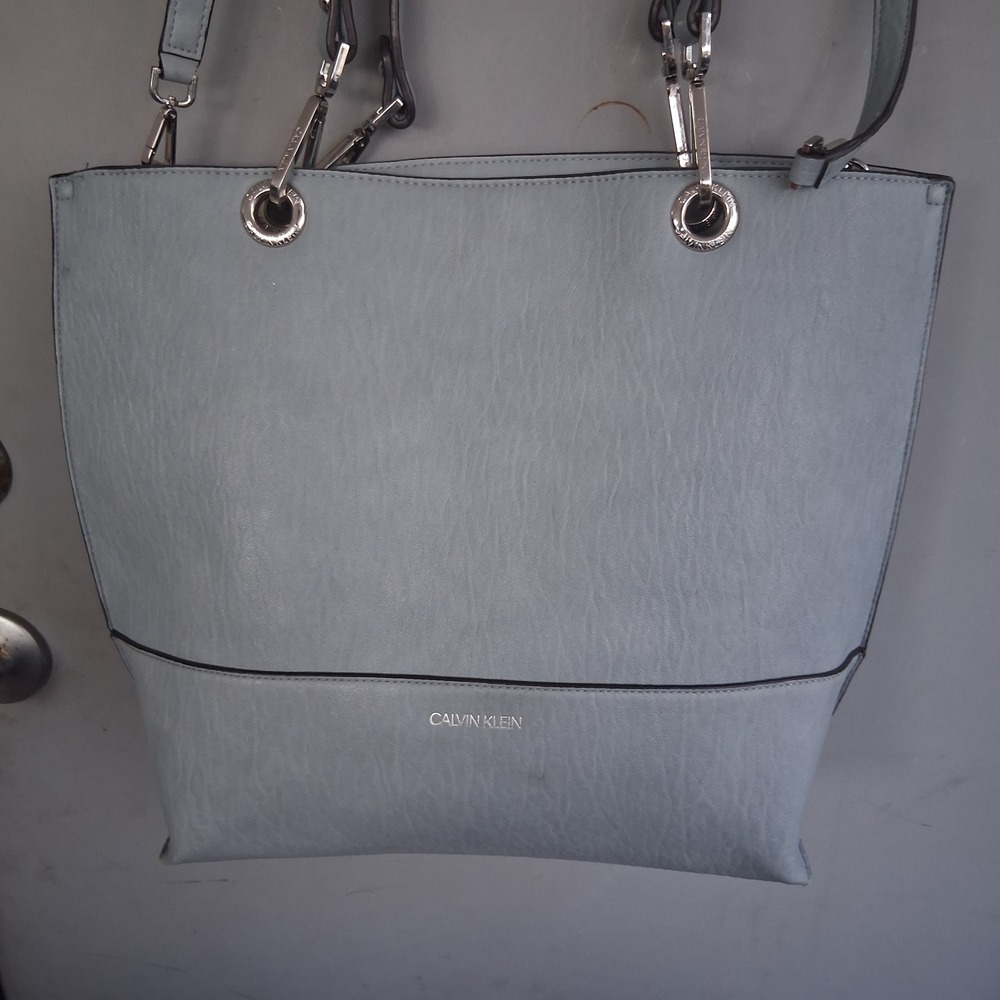 Calvin Klein Light Blue Faux Leather Tote Crossbody Handbag Silver Hardware